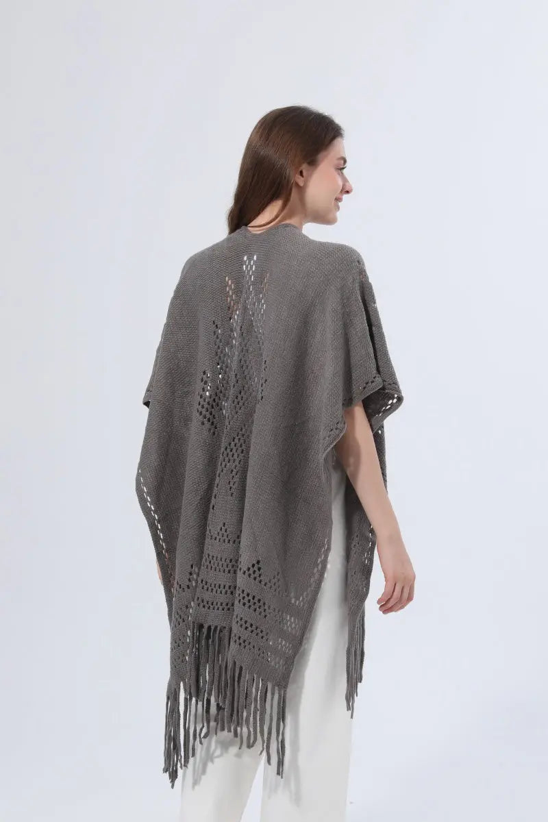 Women Hollow Knit Tassel Poncho Open Front Fringe Knitted Shawl Wrap 🧶✨ Leto Collection
