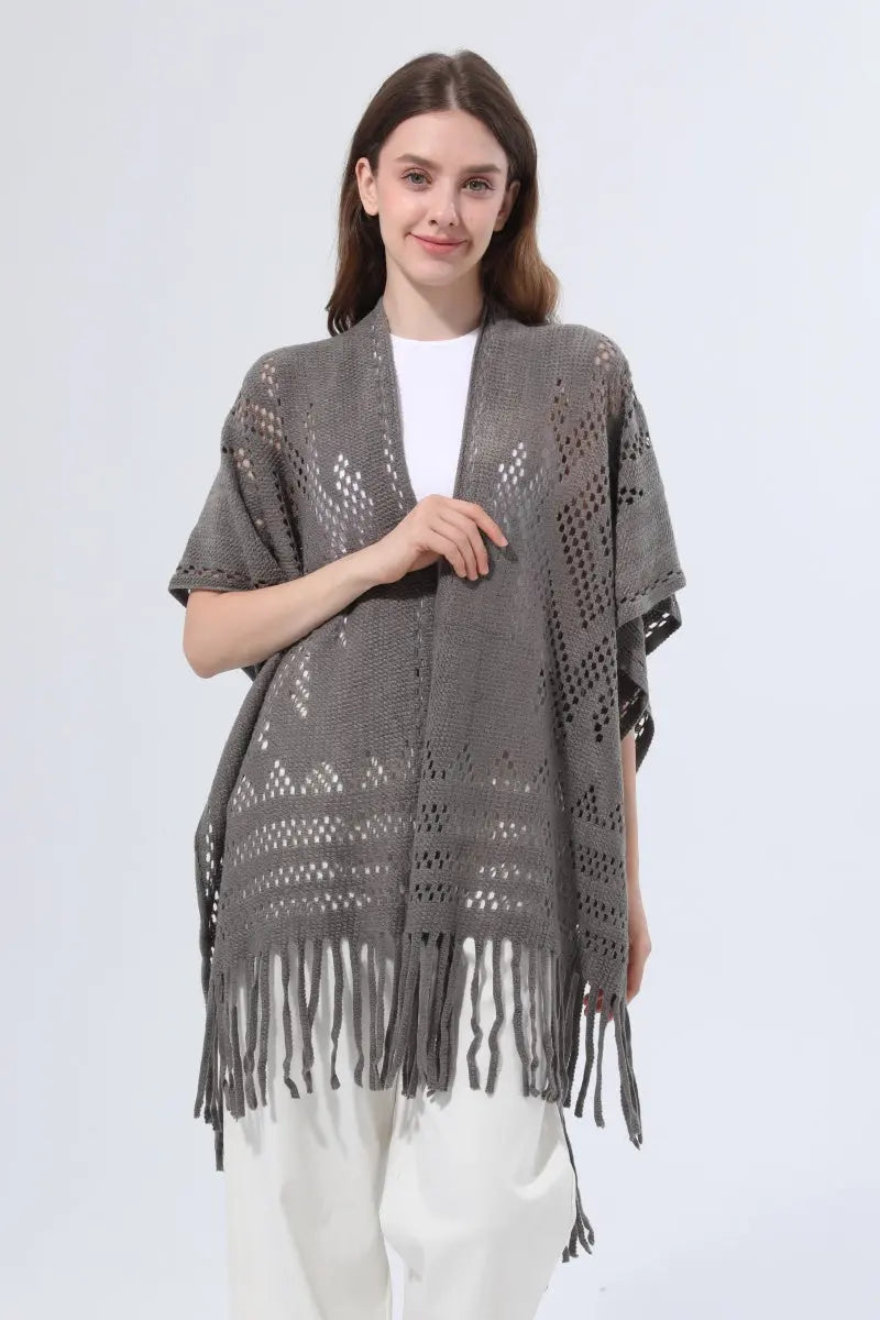 Women Hollow Knit Tassel Poncho Open Front Fringe Knitted Shawl Wrap 🧶✨ Leto Collection