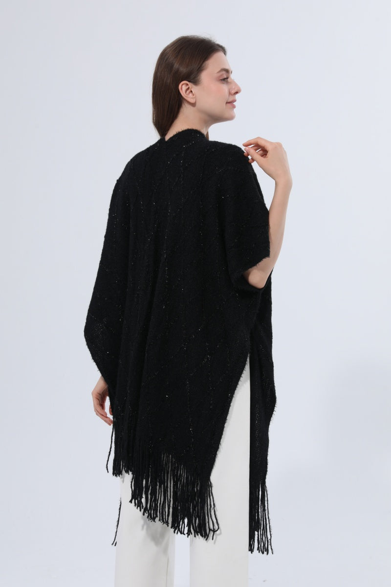 Knitted Tassel Open Front Poncho Shawl Wrap Leto Collection