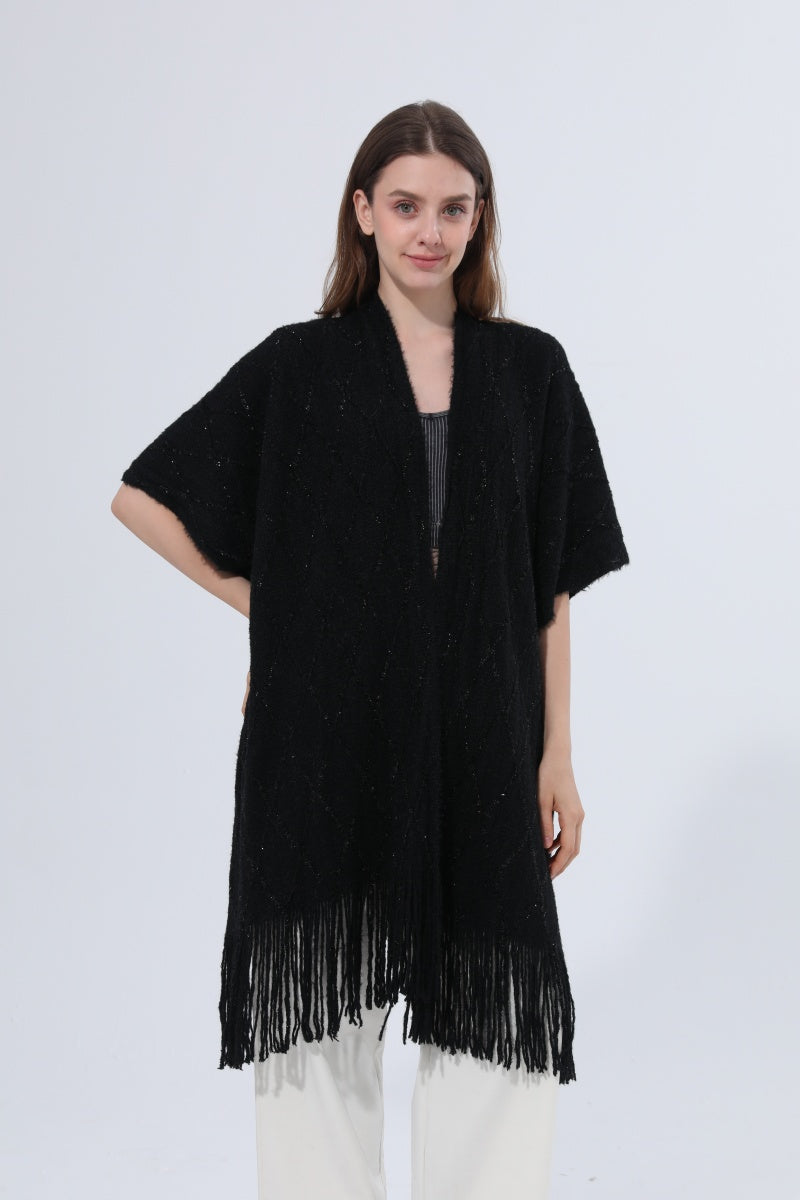 Knitted Tassel Open Front Poncho Shawl Wrap Leto Collection