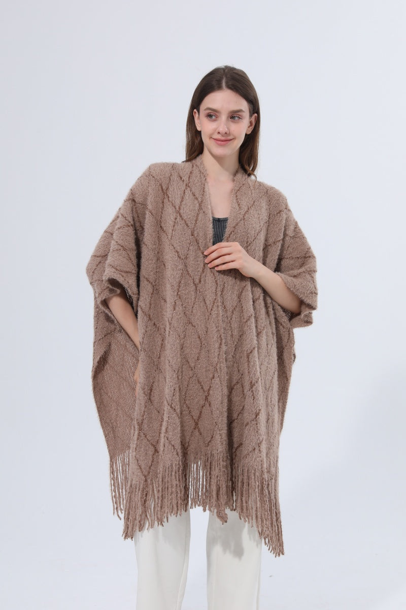 Knitted Tassel Open Front Poncho Shawl Wrap Leto Collection