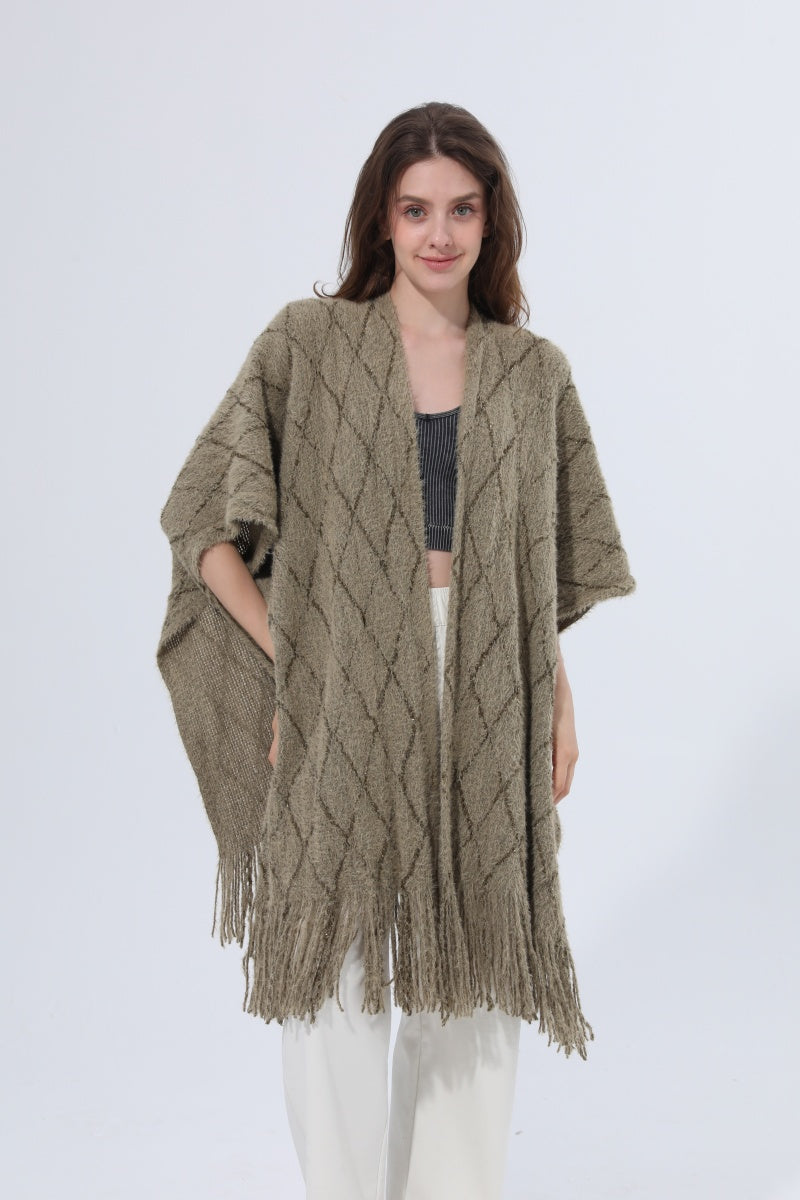 Knitted Tassel Open Front Poncho Shawl Wrap Leto Collection
