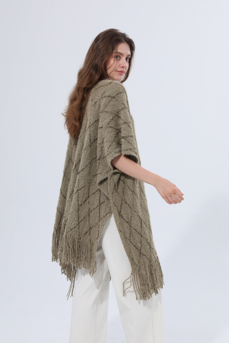 Knitted Tassel Open Front Poncho Shawl Wrap Leto Collection