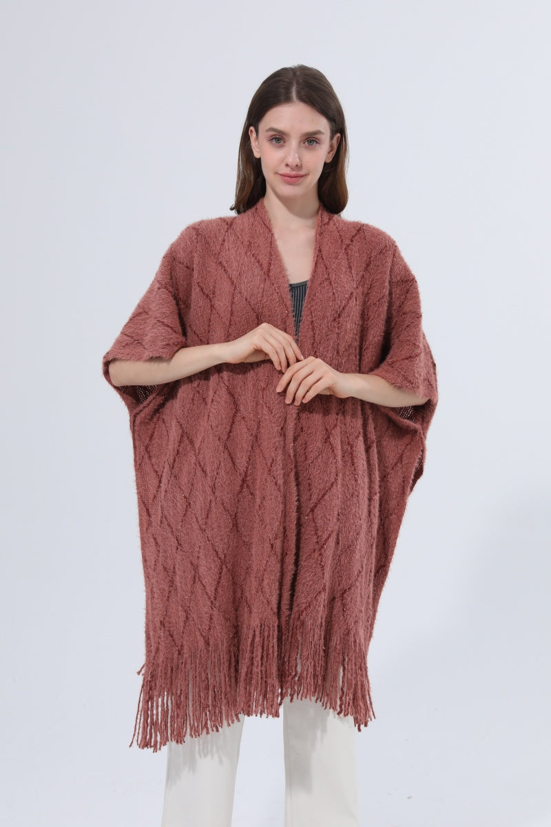 Knitted Tassel Open Front Poncho Shawl Wrap Leto Collection
