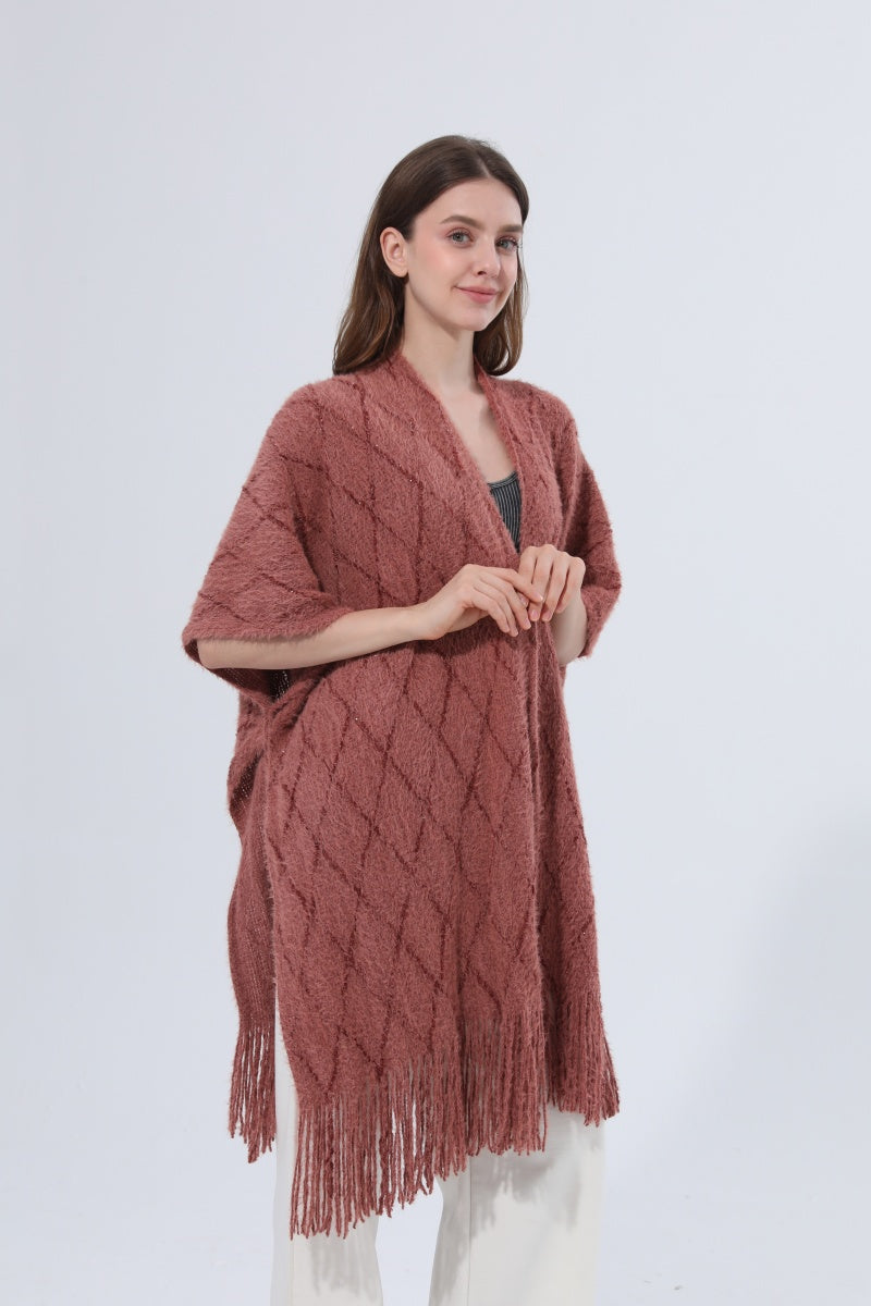 Knitted Tassel Open Front Poncho Shawl Wrap Leto Collection