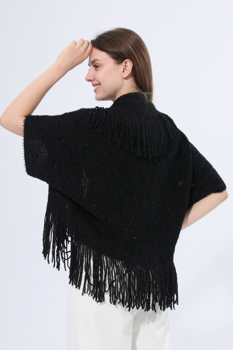 Fringed Diamond Knit Open Front Poncho Shawl Leto Collection