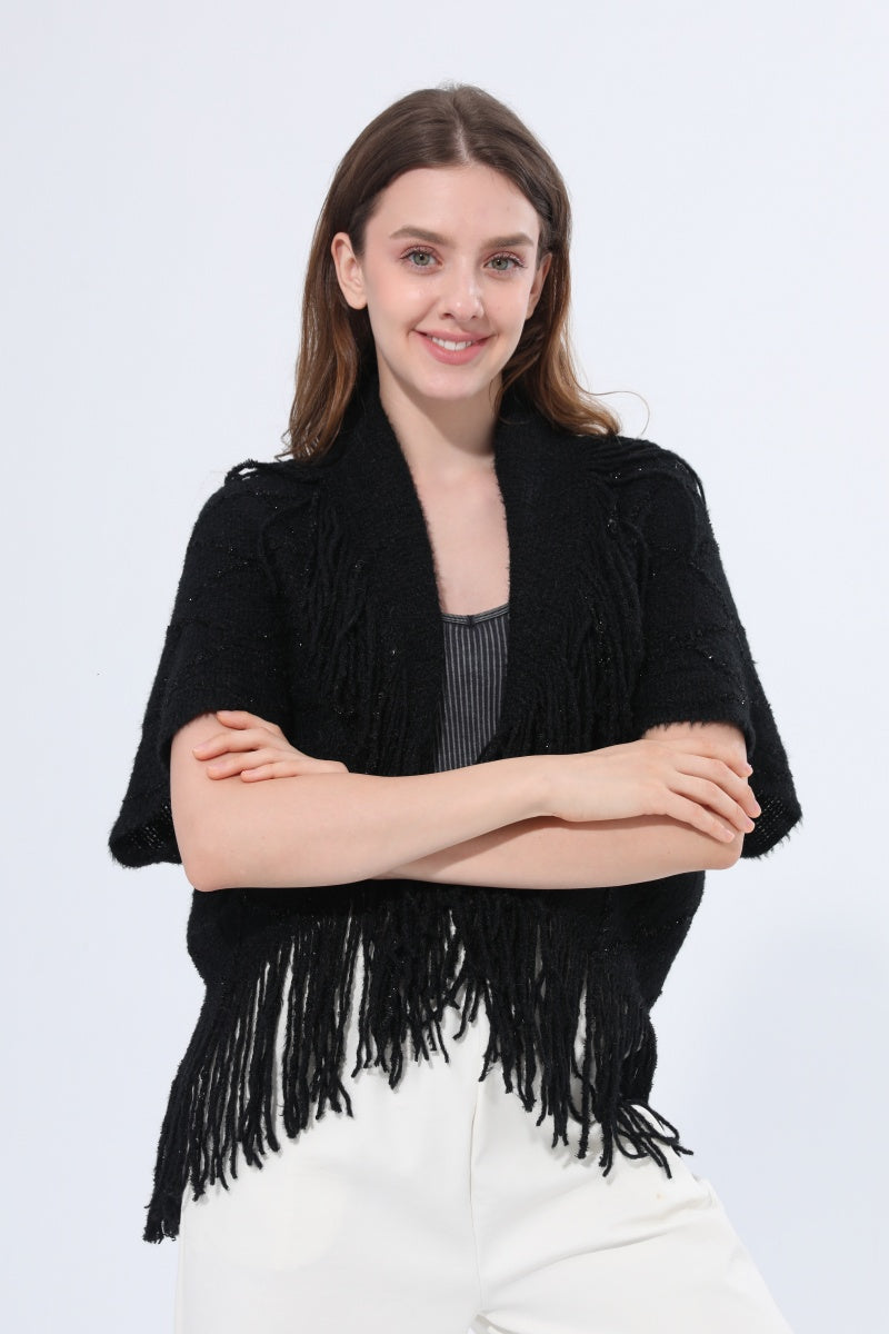 Fringed Diamond Knit Open Front Poncho Shawl Leto Collection