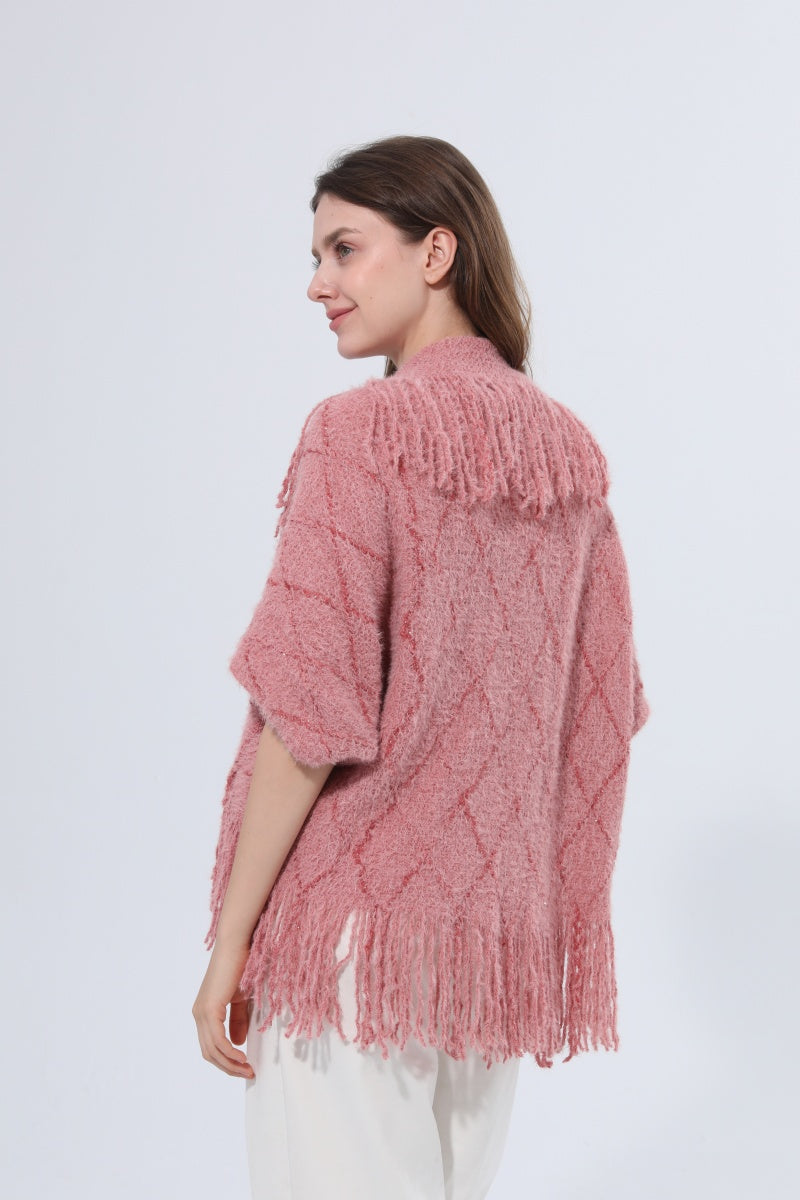 Fringed Diamond Knit Open Front Poncho Shawl Leto Collection