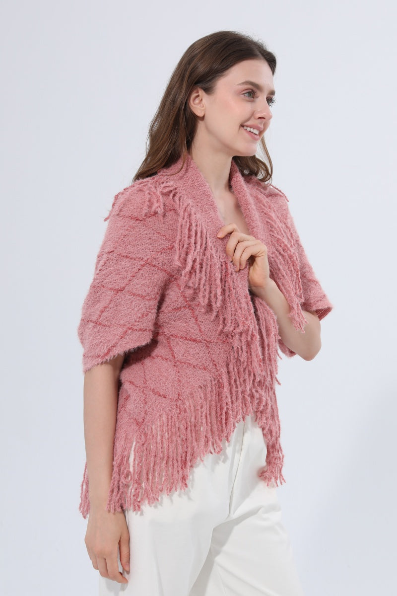 Fringed Diamond Knit Open Front Poncho Shawl Leto Collection