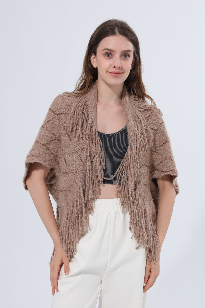 Fringed Diamond Knit Open Front Poncho Shawl Leto Collection