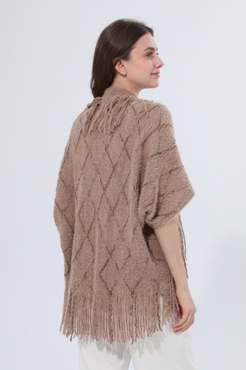 Fringed Diamond Knit Open Front Poncho Shawl Leto Collection