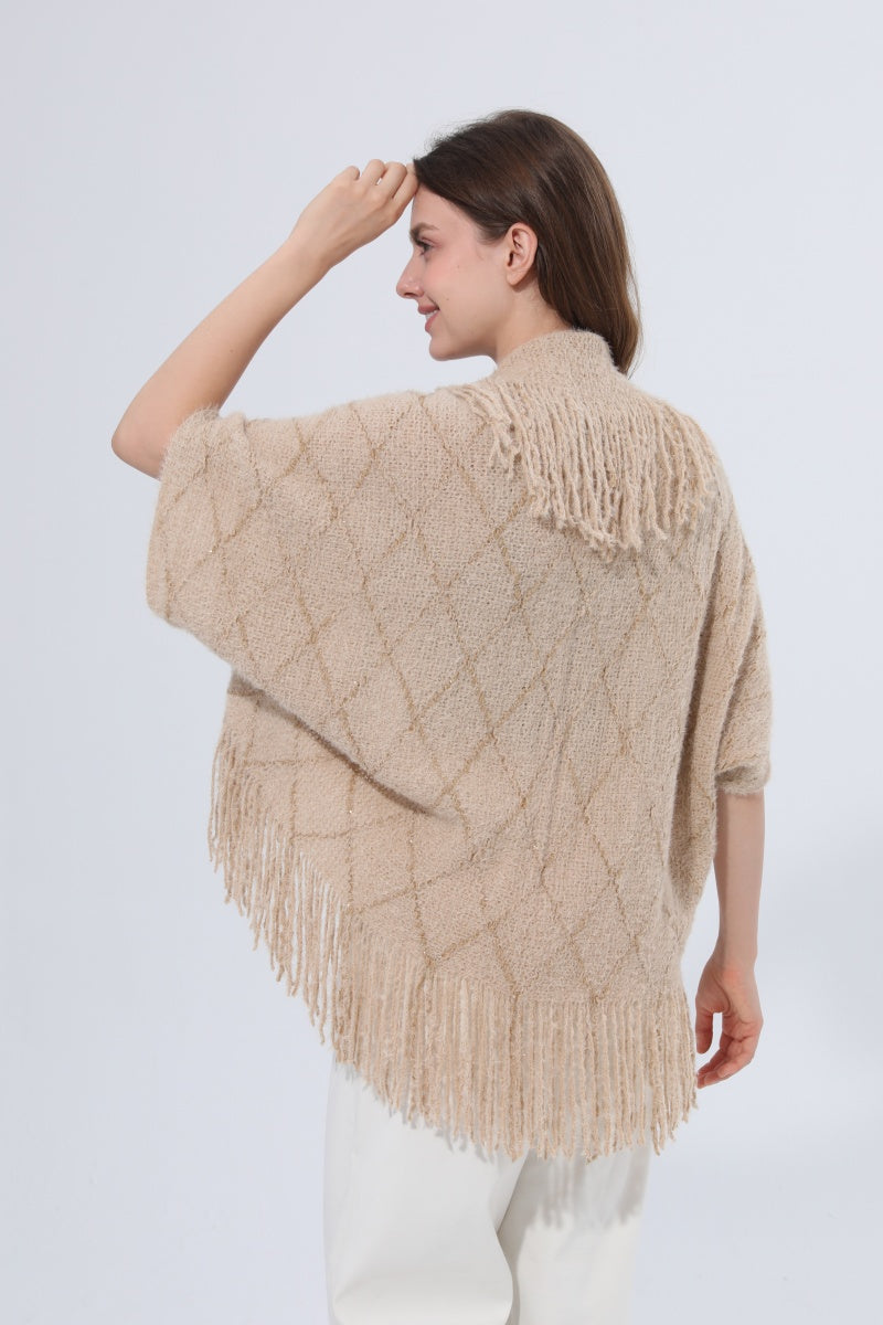 Fringed Diamond Knit Open Front Poncho Shawl Leto Collection