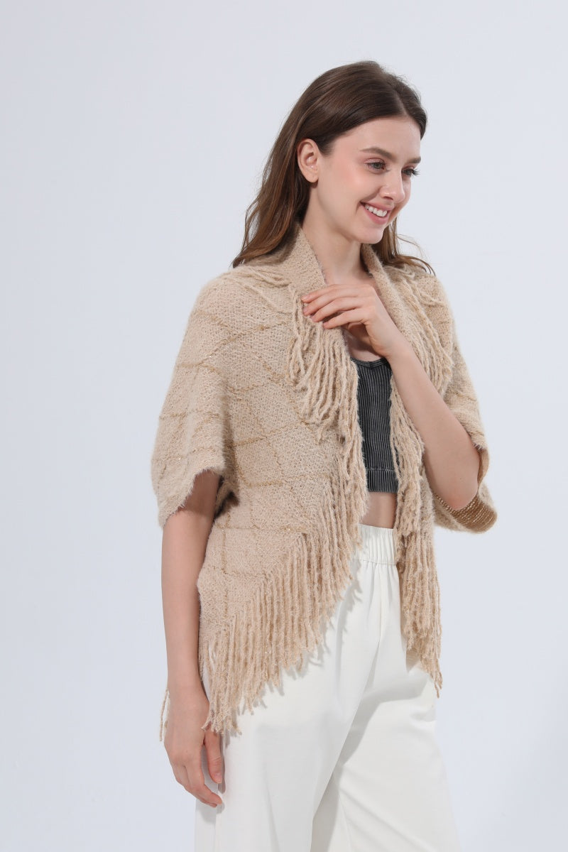 Fringed Diamond Knit Open Front Poncho Shawl Leto Collection