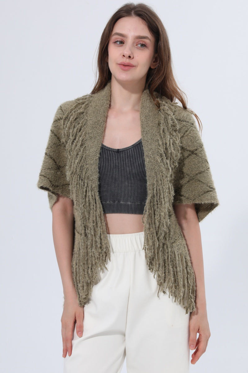 Fringed Diamond Knit Open Front Poncho Shawl Leto Collection