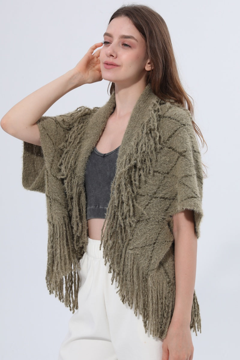 Fringed Diamond Knit Open Front Poncho Shawl Leto Collection