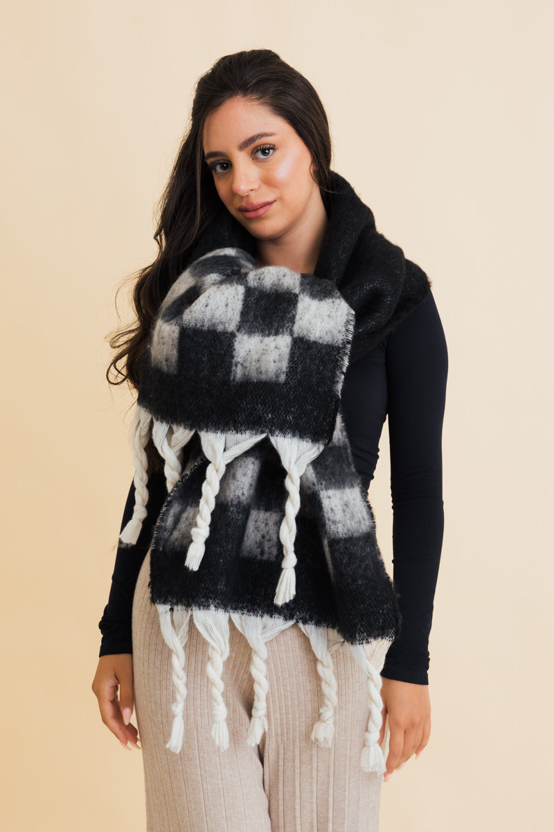 Fall & Winter Chunky Plaid Oversized Scarf with Fringe Leto Collection