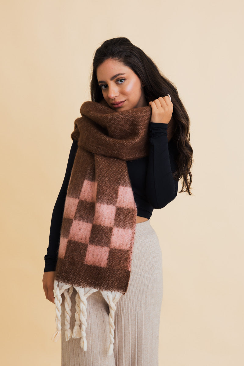 Fall & Winter Chunky Plaid Oversized Scarf with Fringe Leto Collection
