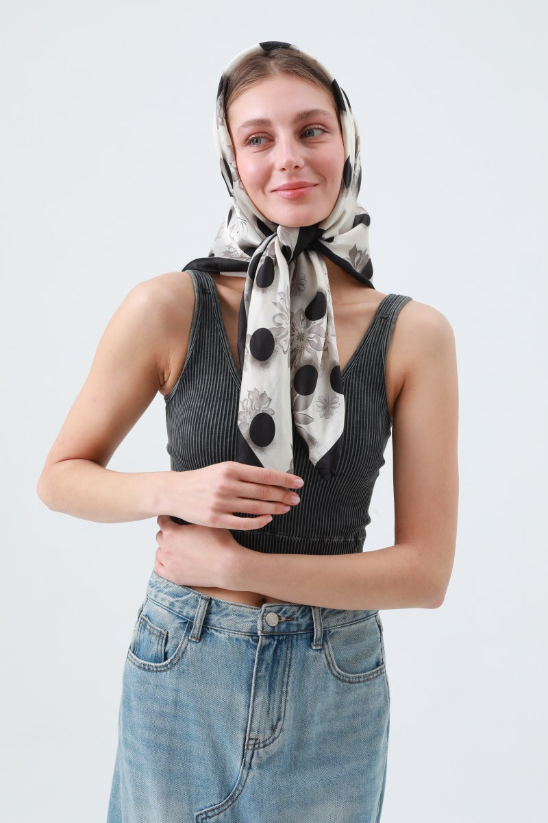 Retro Blossom & Dot Print Scarf – Airy Silky Square 🌸⚫ Leto Collection