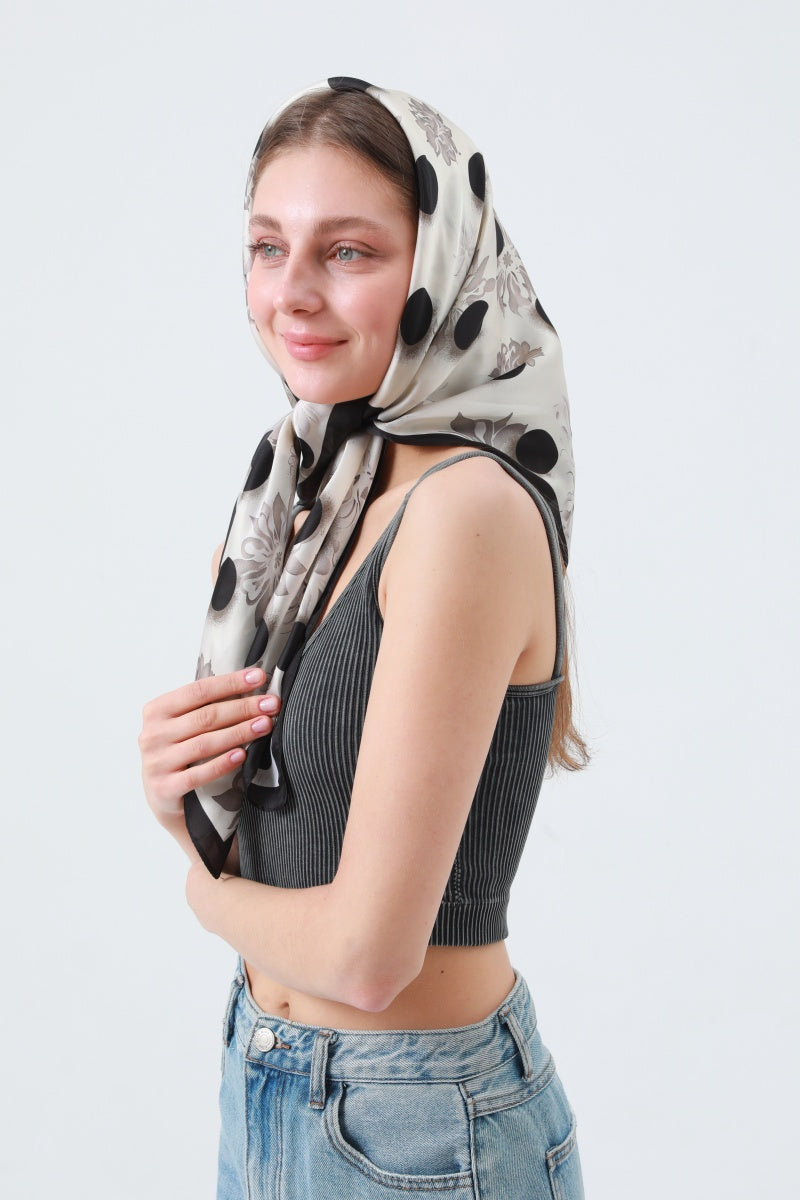 Retro Blossom & Dot Print Scarf – Airy Silky Square 🌸⚫ Leto Collection