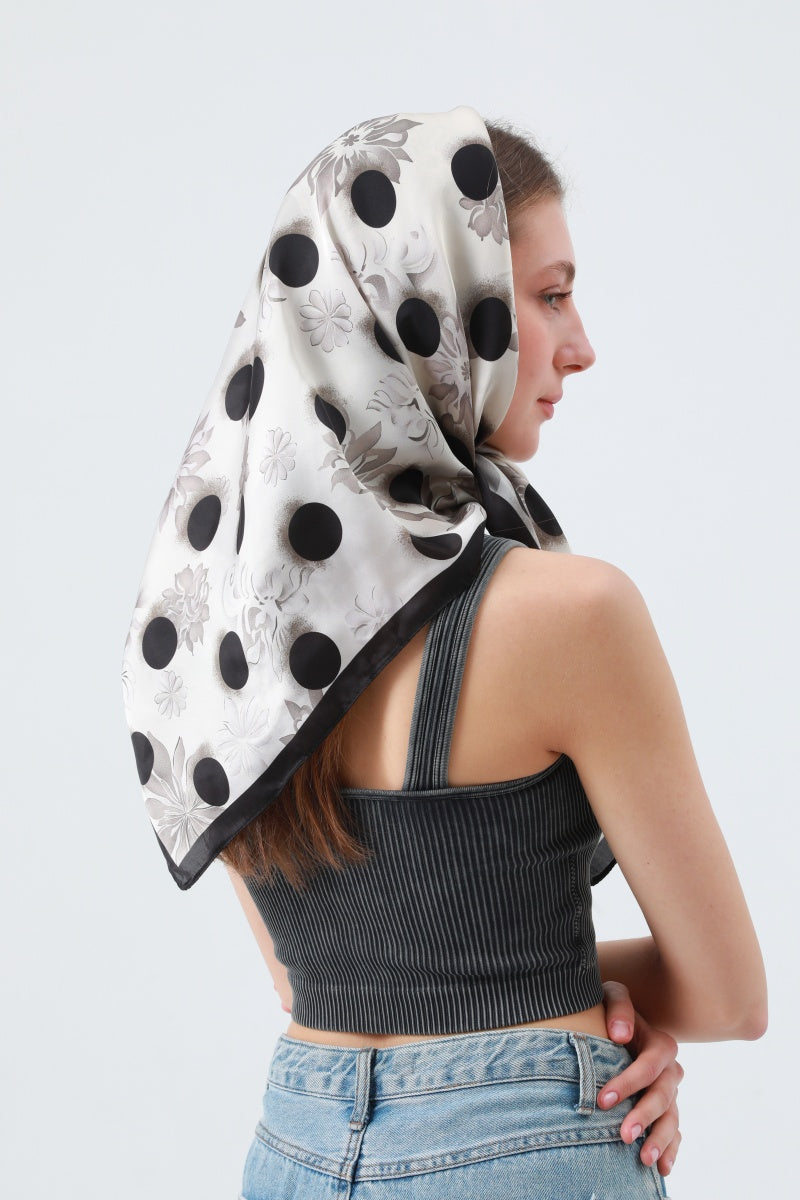 Retro Blossom & Dot Print Scarf – Airy Silky Square 🌸⚫ Leto Collection