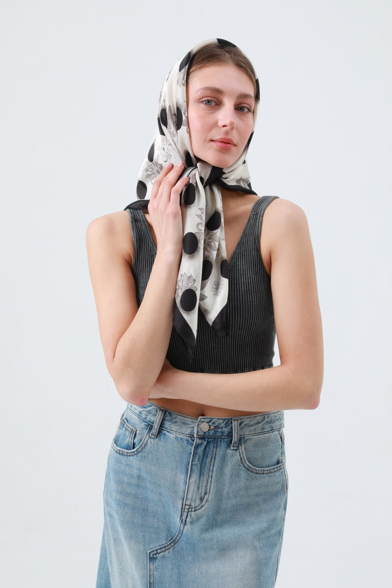 Retro Blossom & Dot Print Scarf – Airy Silky Square 🌸⚫ Leto Collection