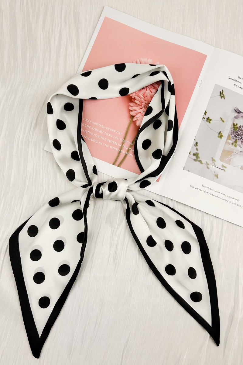 Classic Contrast: Black & White Polka Dot Satin Silky Skinny Scarf Leto Collection