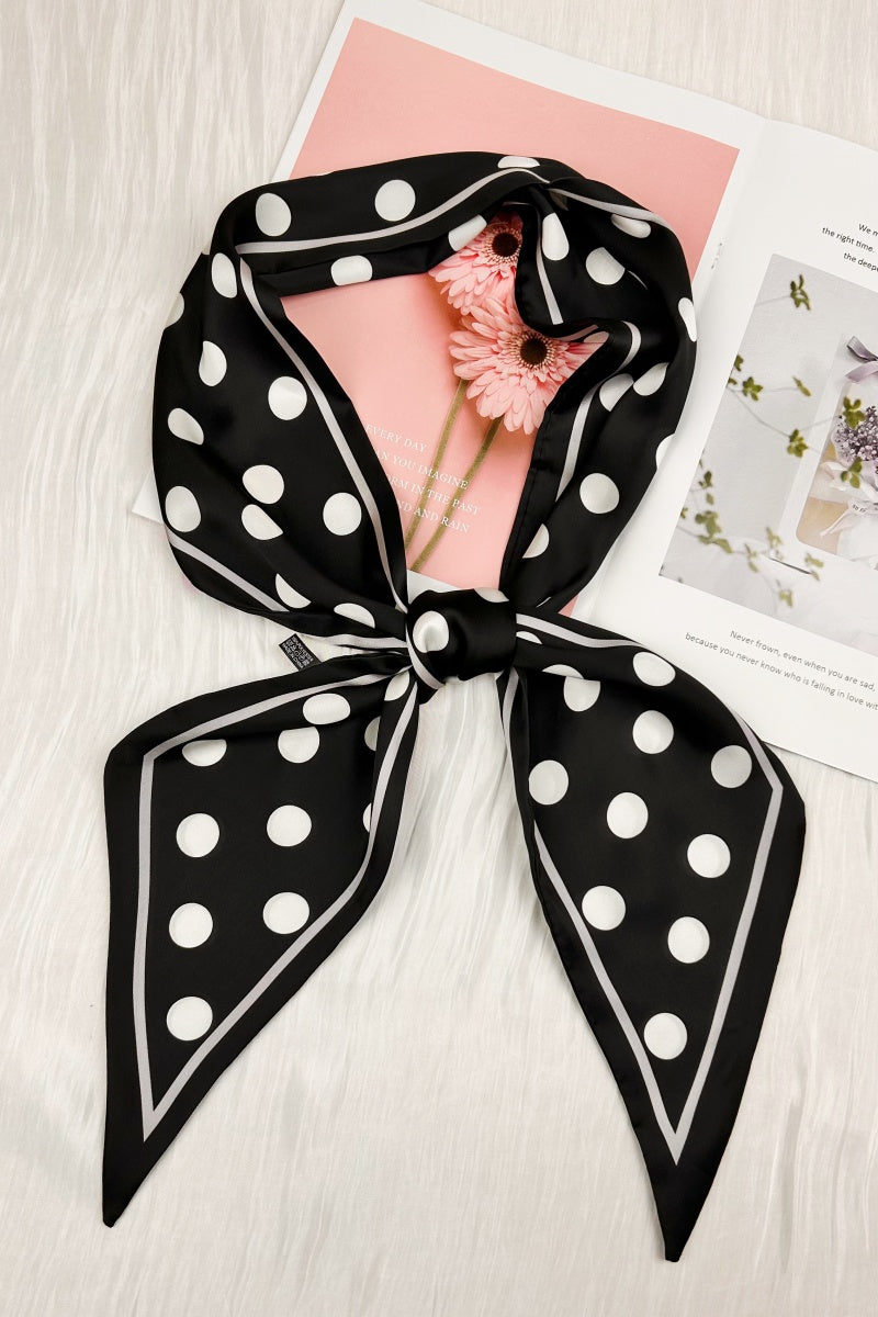 Classic Contrast: Black & White Polka Dot Satin Silky Skinny Scarf Leto Collection