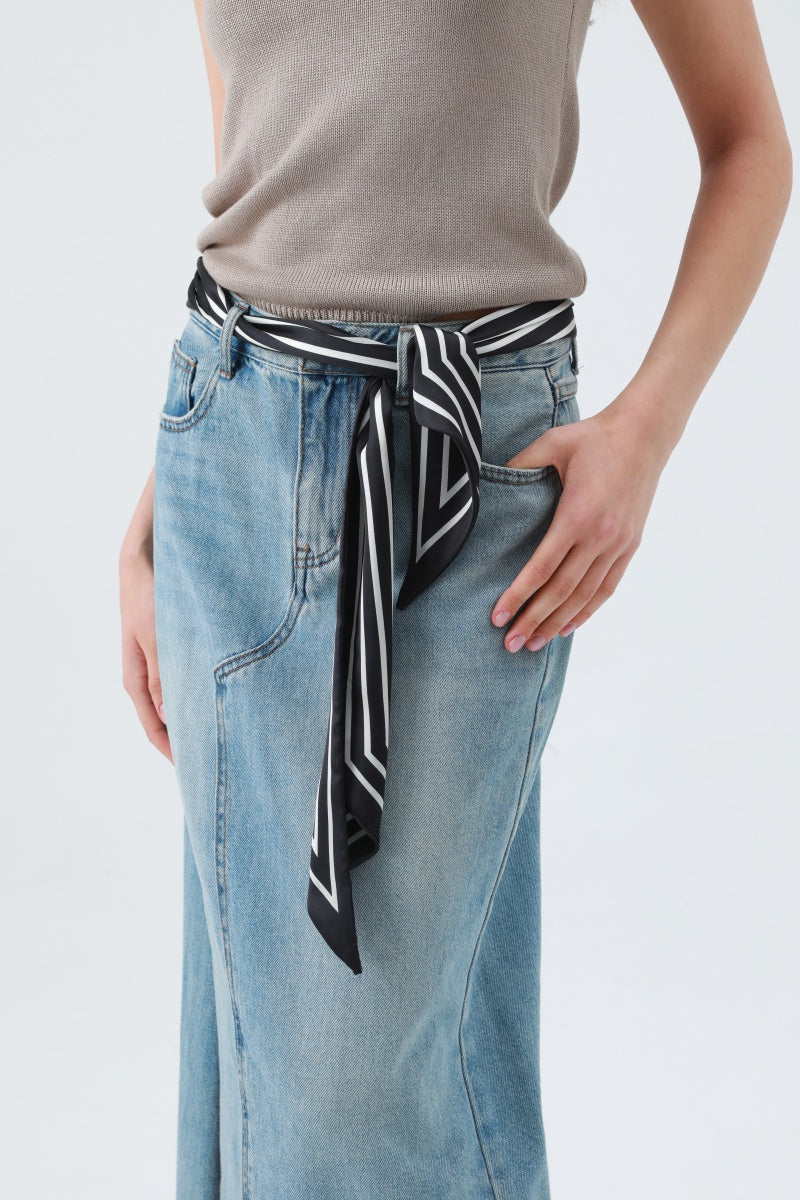 Effortless Chic: French Styles Striped Satin Silky Skinny Scarf Leto Collection
