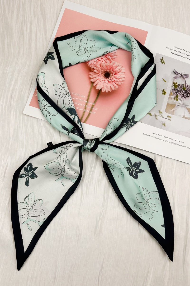 Coastal Bloom: Aqua Floral Printed Satin Silky Scarf - leto-collection