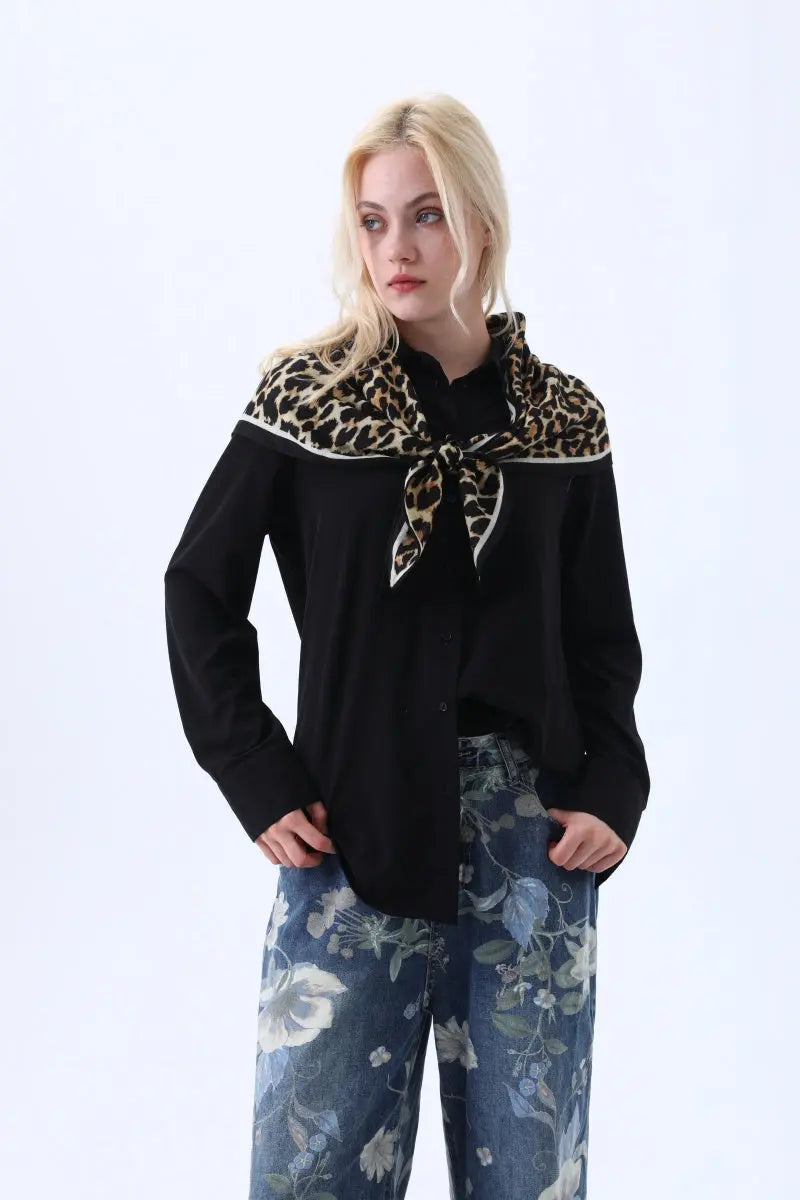 Women's Elegant Square Scarf with Abstract Leaf Print & Houndstooth Trim Leto Collection