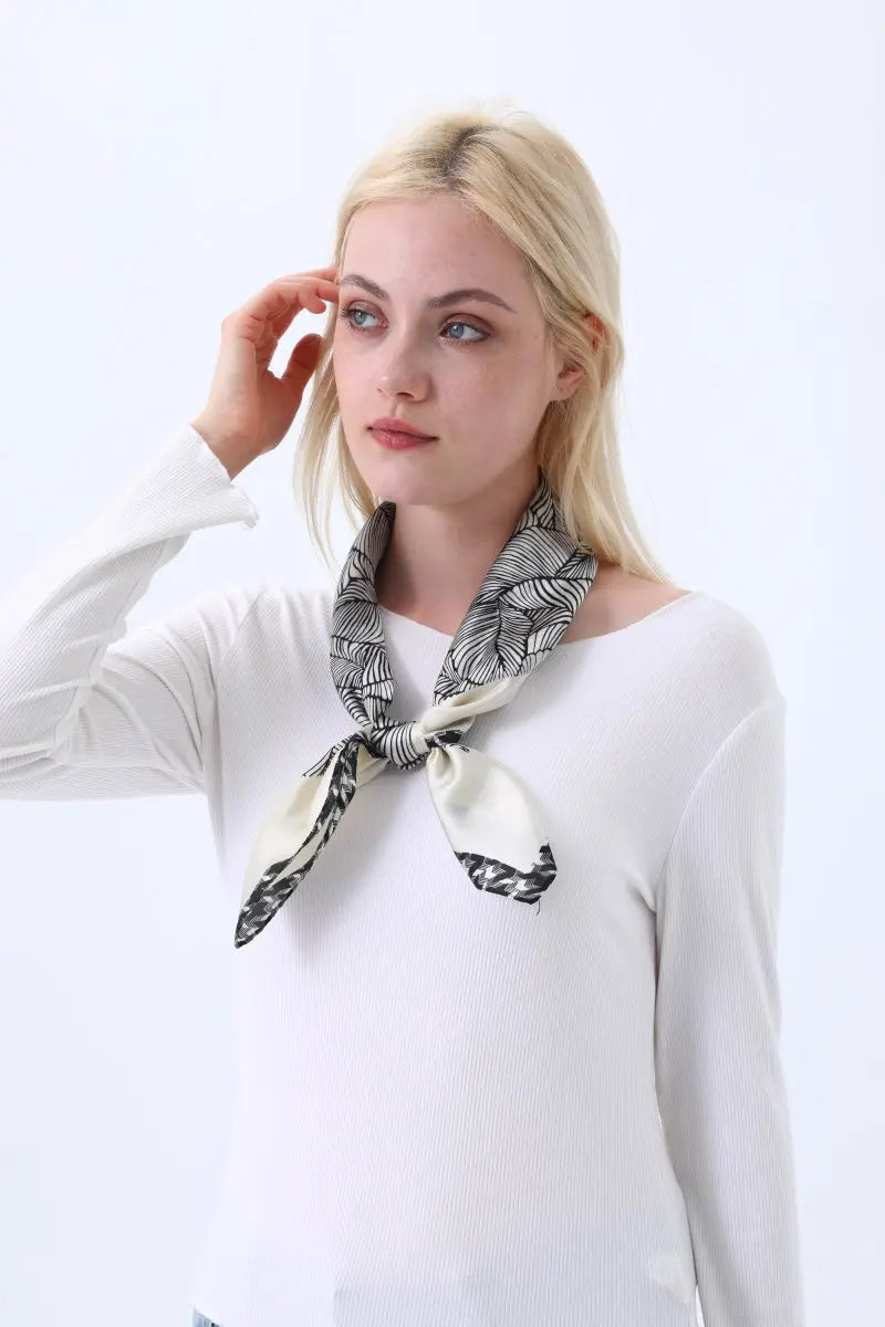 Women's Elegant Square Scarf with Abstract Leaf Print & Houndstooth Trim Leto Collection