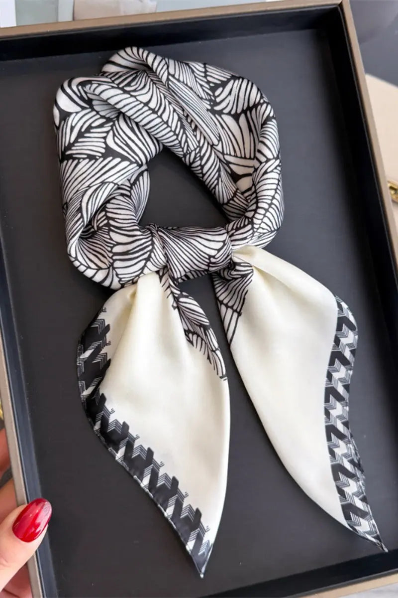 Women's Elegant Square Scarf with Abstract Leaf Print & Houndstooth Trim Leto Collection