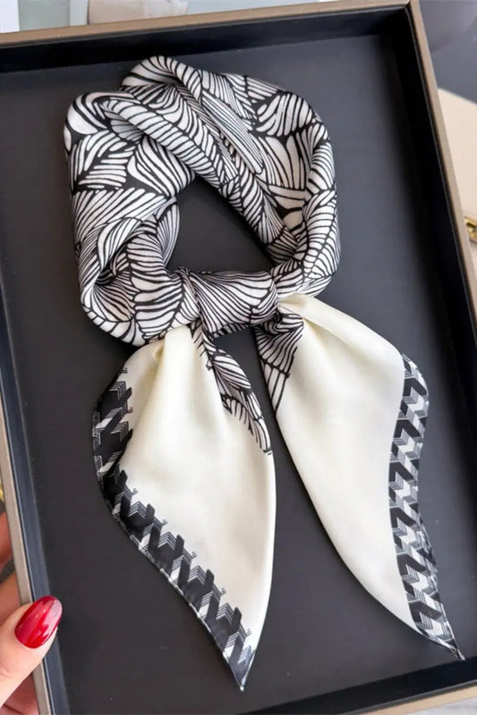 Women's Elegant Square Scarf with Abstract Leaf Print & Houndstooth Trim Leto Collection