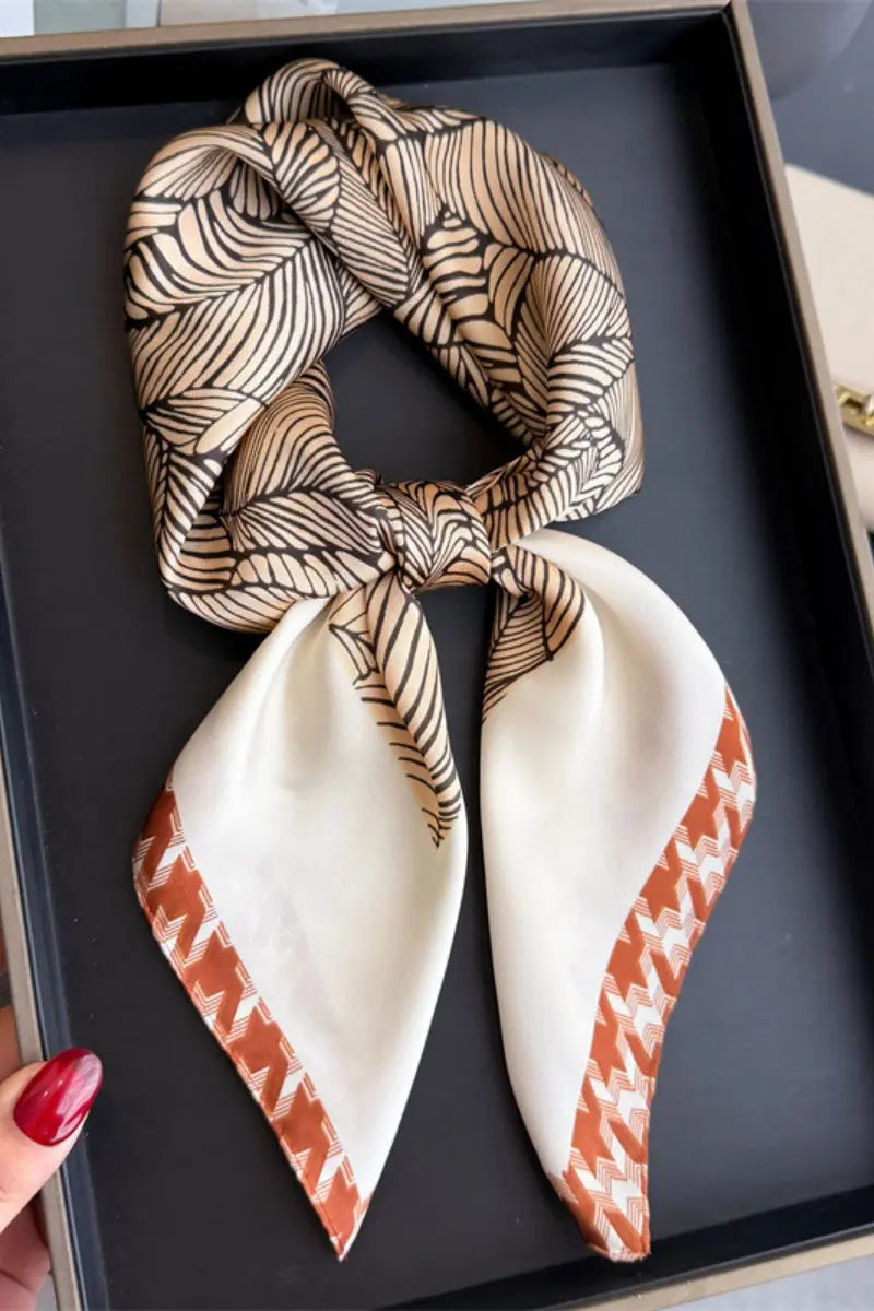 Women's Elegant Square Scarf with Abstract Leaf Print & Houndstooth Trim Leto Collection