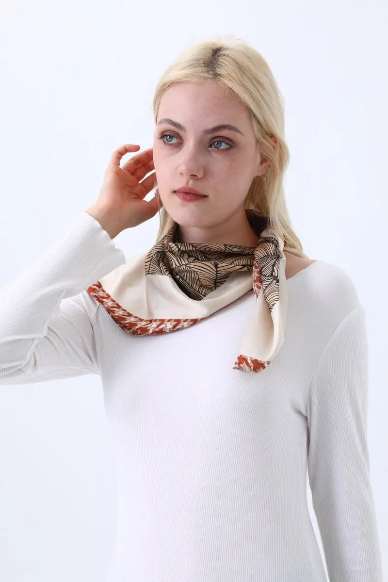 Women's Elegant Square Scarf with Abstract Leaf Print & Houndstooth Trim Leto Collection