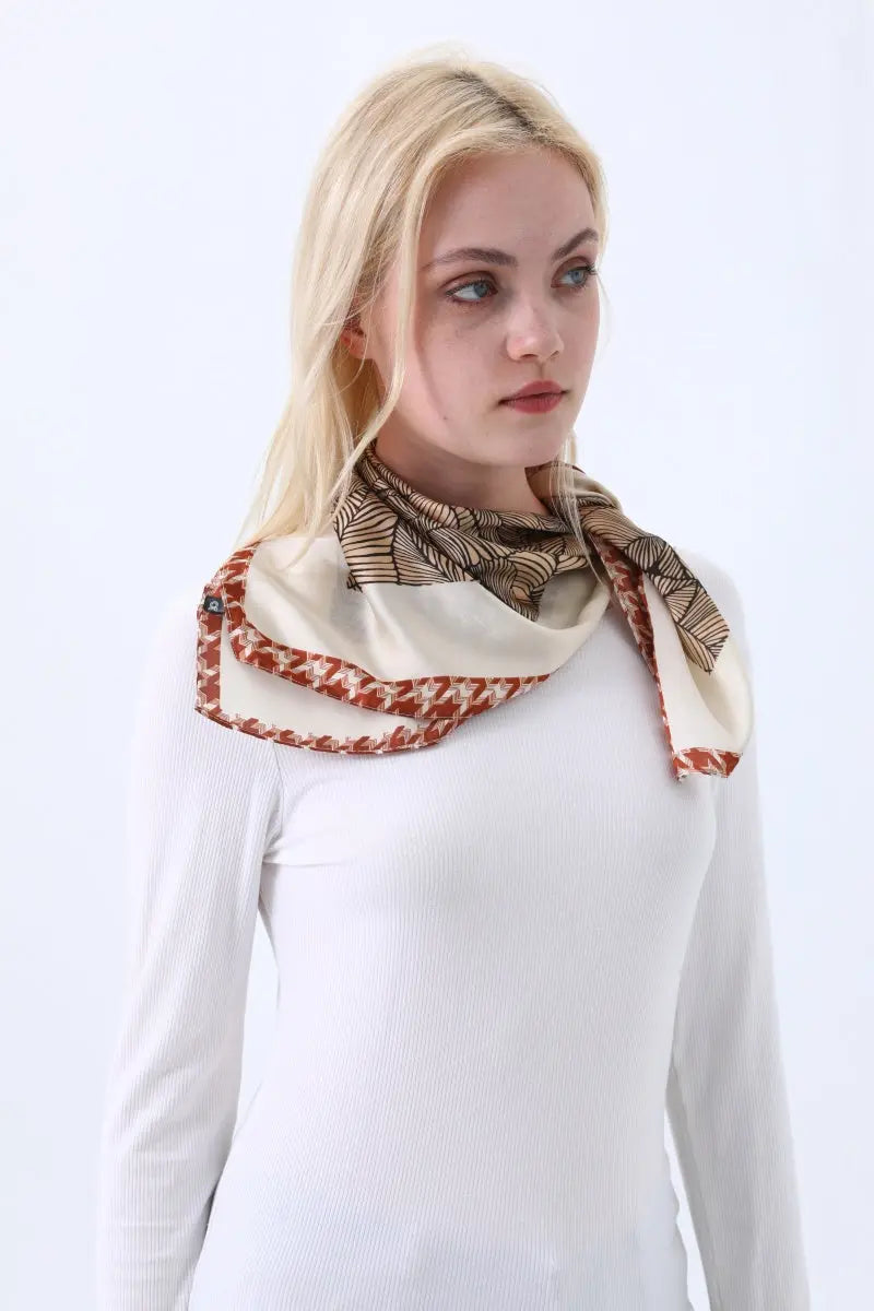 Women's Elegant Square Scarf with Abstract Leaf Print & Houndstooth Trim Leto Collection