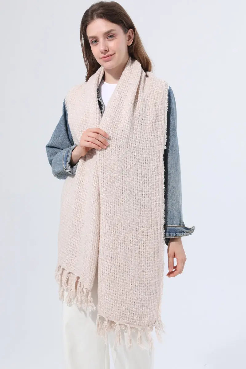 Women Solid Waffle Knit Fringe Scarf Soft Shawl Wrap 🧶🍂 Leto Collection