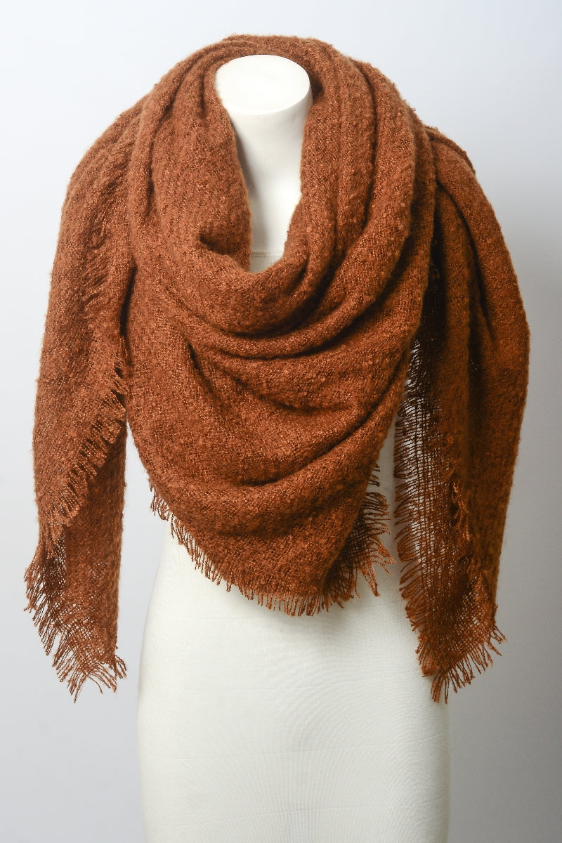 Camel mohair square blanket scarf from Leto Collection featuring soft, cozy knit fabric and stylish drape.