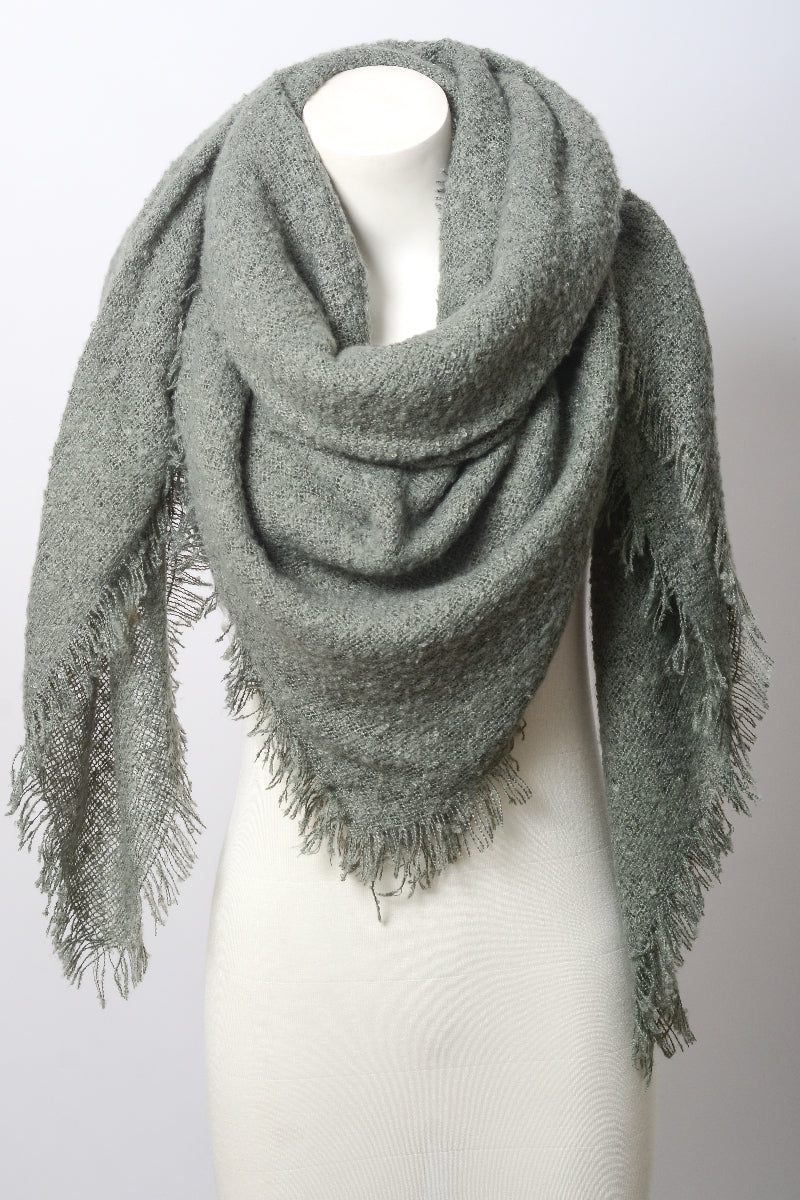 Leto Collection mohair square blanket scarf in sage green, soft and cozy with a stylish checkered pattern, perfect for layering.