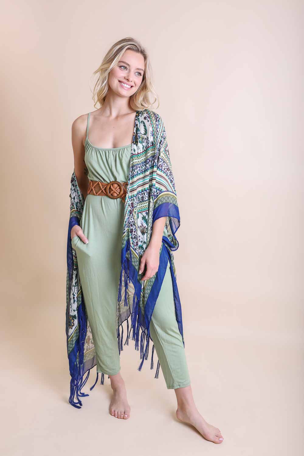 Blue bohemian diamond tassel kimono poncho by Leto Collection, featuring lightweight fabric and intricate tassel details.