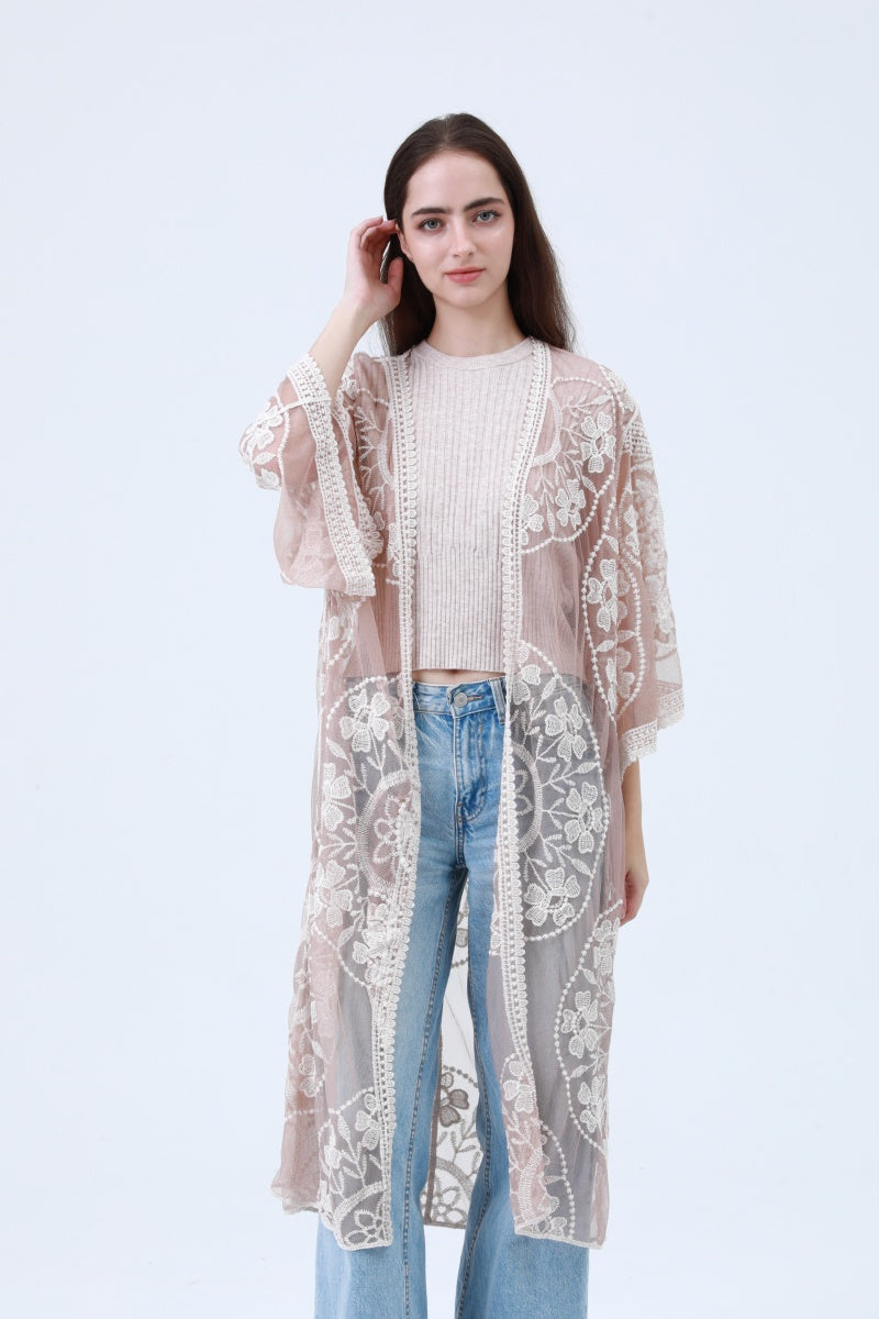 Leto Collection contrast mesh cotton lace kimono with delicate sheer fabric and intricate lace detailing.