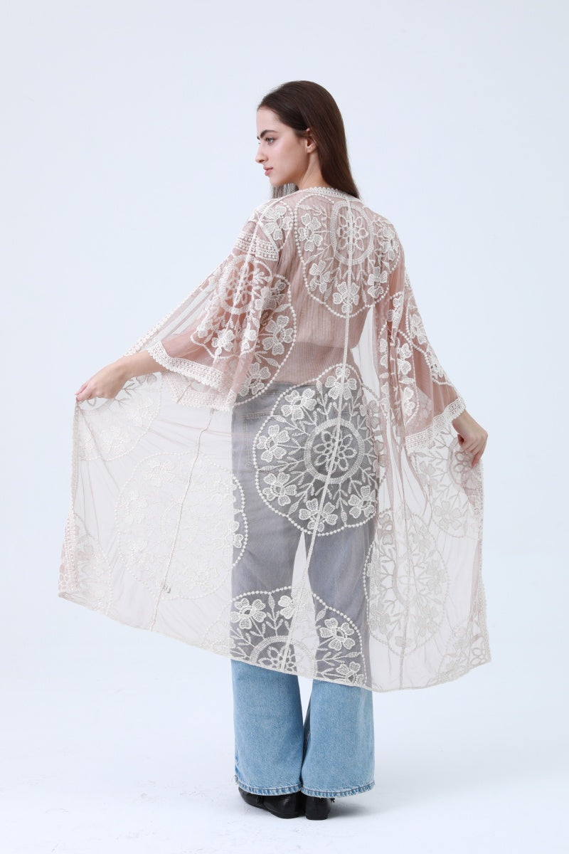 Leto Collection contrast mesh cotton lace kimono with flowy sleeves and intricate lace detailing in mocha color.