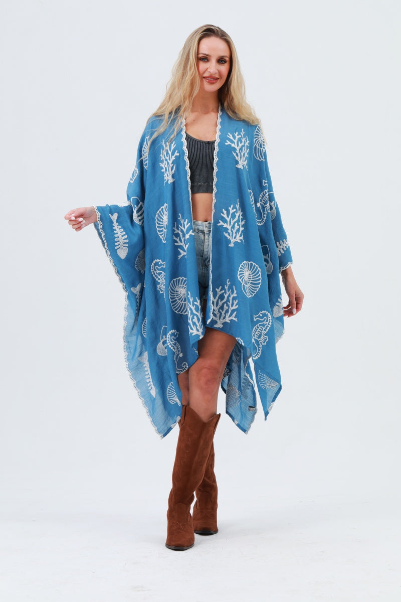 Seahorse Coral Seashell Embroidered Kimono – Ocean Breeze Cover-Up 🌊🐚 Leto Collection