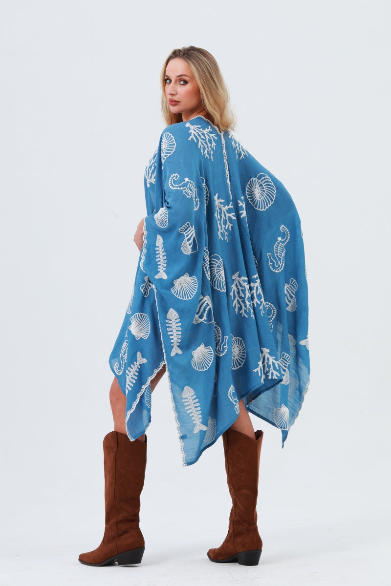 Seahorse Coral Seashell Embroidered Kimono – Ocean Breeze Cover-Up 🌊🐚 Leto Collection