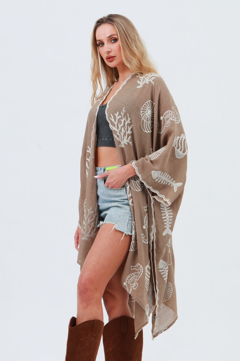 Seahorse Coral Seashell Embroidered Kimono – Ocean Breeze Cover-Up 🌊🐚 Leto Collection