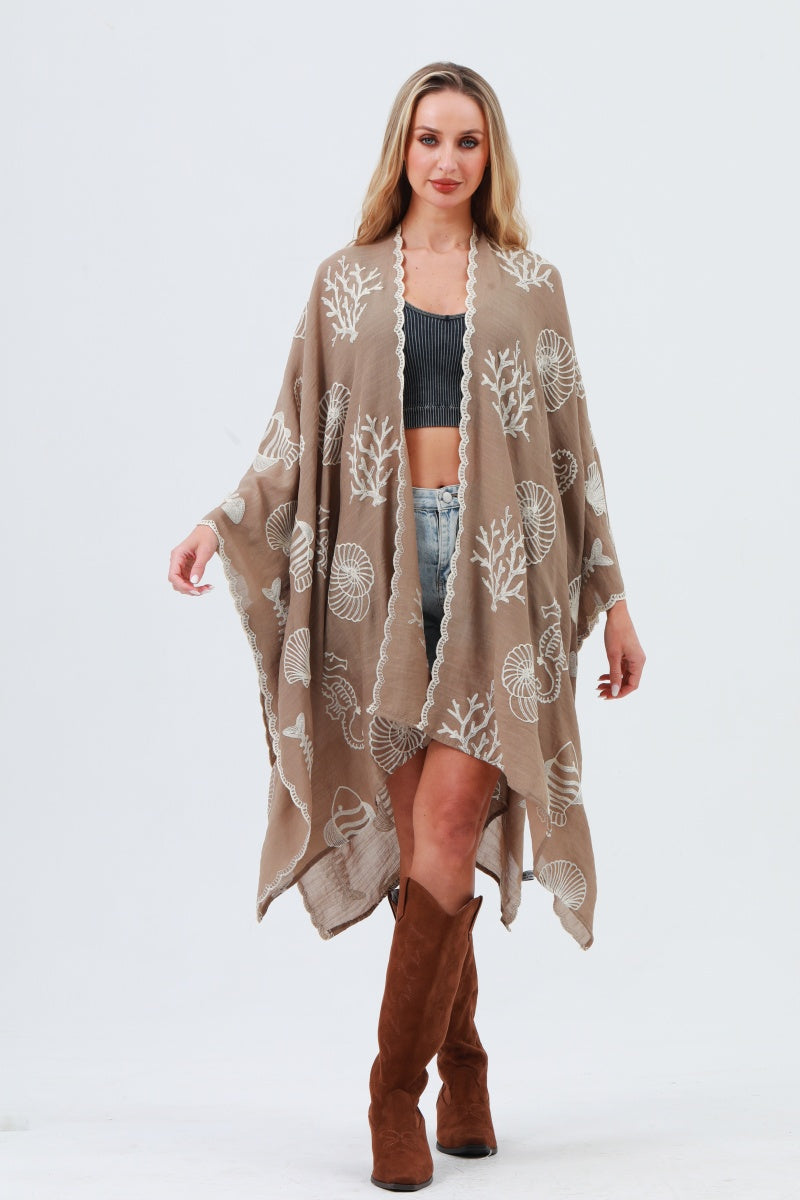 Seahorse Coral Seashell Embroidered Kimono – Ocean Breeze Cover-Up 🌊🐚 Leto Collection