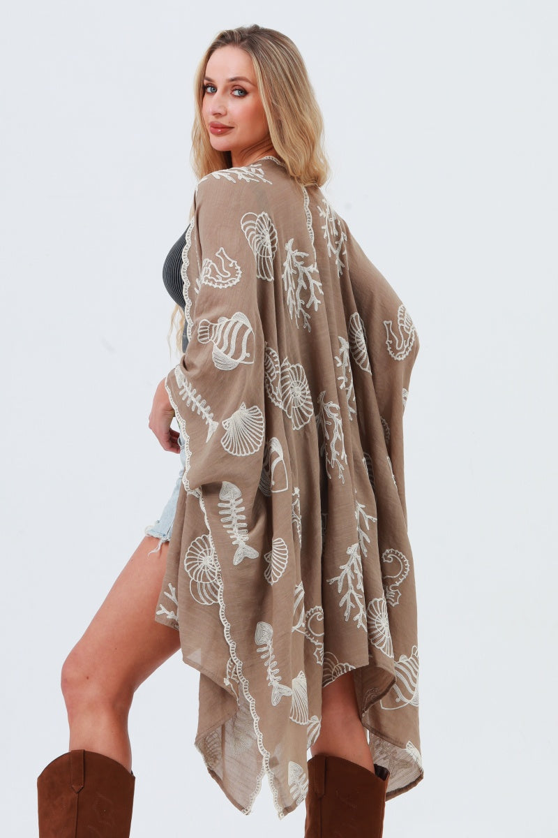 Seahorse Coral Seashell Embroidered Kimono – Ocean Breeze Cover-Up 🌊🐚 Leto Collection