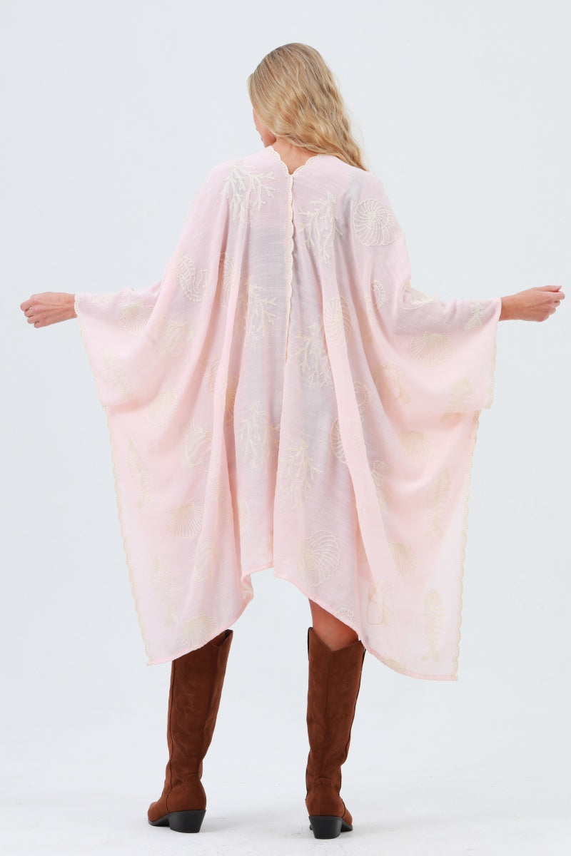 Seahorse Coral Seashell Embroidered Kimono – Ocean Breeze Cover-Up 🌊🐚 Leto Collection