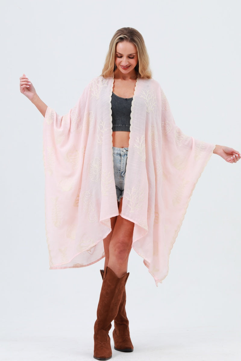 Seahorse Coral Seashell Embroidered Kimono – Ocean Breeze Cover-Up 🌊🐚 Leto Collection