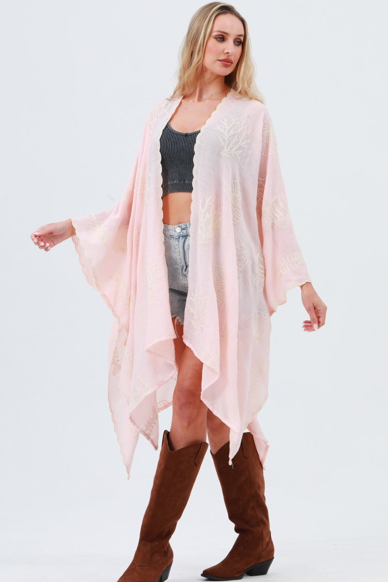 Seahorse Coral Seashell Embroidered Kimono – Ocean Breeze Cover-Up 🌊🐚 Leto Collection